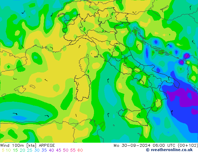 ветер 900 гПа ARPEGE пн 30.09.2024 06 UTC