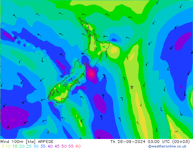 Viento 100m ARPEGE jue 26.09.2024 03 UTC