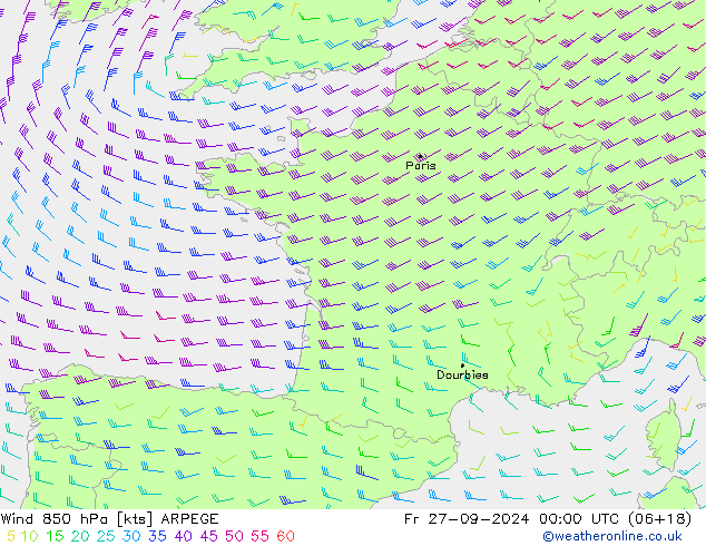 Wind 850 hPa ARPEGE vr 27.09.2024 00 UTC