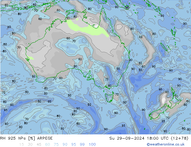 RH 925 hPa ARPEGE Ne 29.09.2024 18 UTC