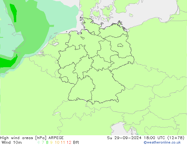 High wind areas ARPEGE Вс 29.09.2024 18 UTC