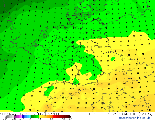 SLP/Temp. 850 hPa ARPEGE czw. 26.09.2024 18 UTC