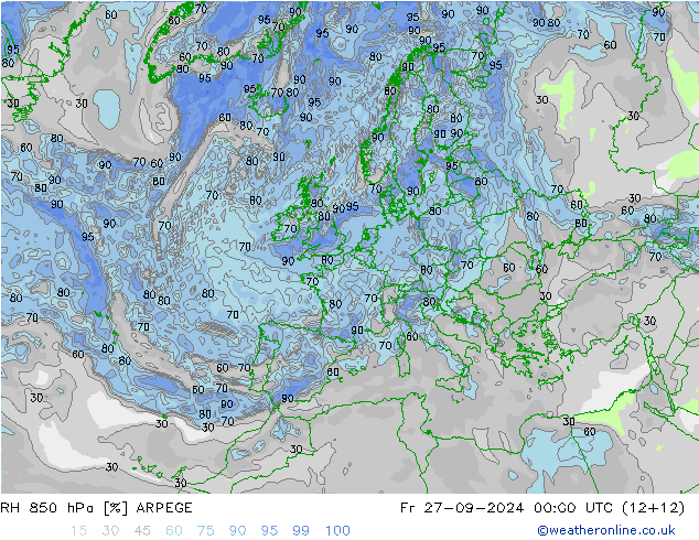 Humidité rel. 850 hPa ARPEGE ven 27.09.2024 00 UTC