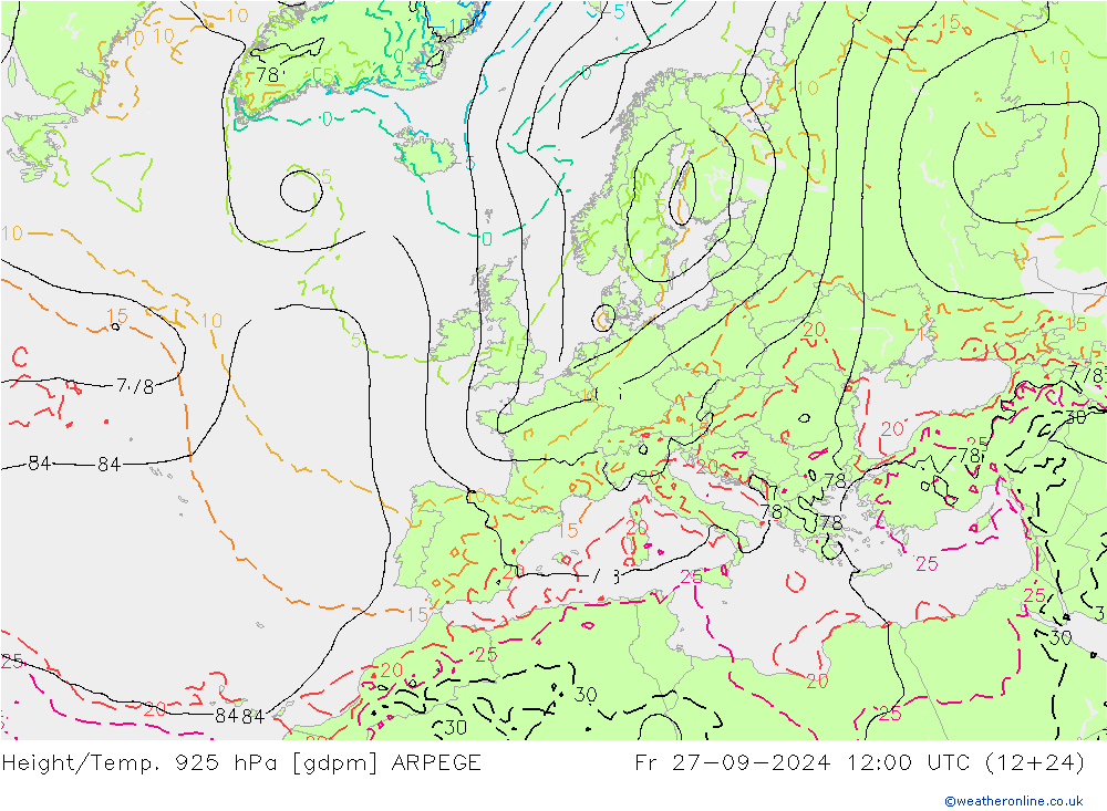 Height/Temp. 925 hPa ARPEGE Fr 27.09.2024 12 UTC