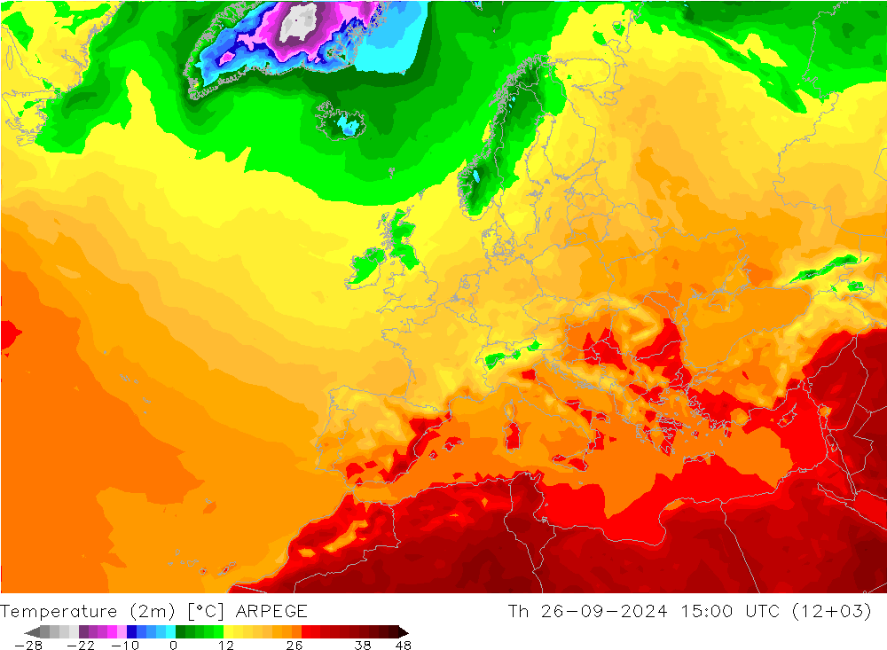 Temperatuurkaart (2m) ARPEGE do 26.09.2024 15 UTC