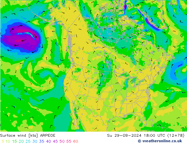 Wind 10 m ARPEGE zo 29.09.2024 18 UTC