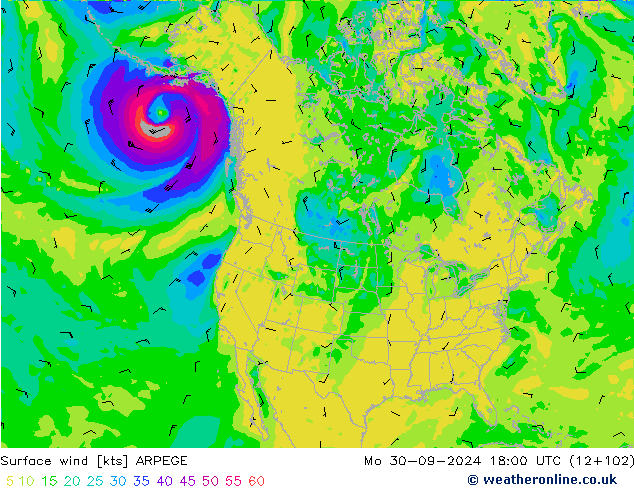 Viento 10 m ARPEGE lun 30.09.2024 18 UTC