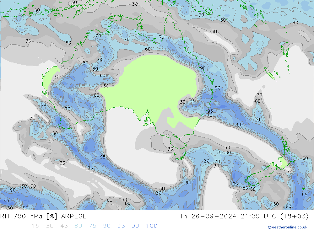 RH 700 hPa ARPEGE Th 26.09.2024 21 UTC