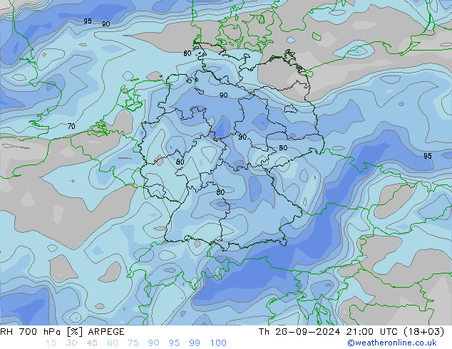 RH 700 hPa ARPEGE Čt 26.09.2024 21 UTC