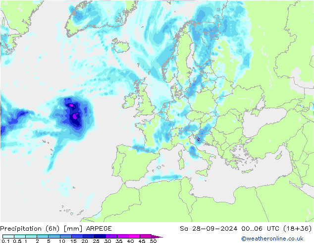 Precipitation (6h) ARPEGE Sa 28.09.2024 06 UTC