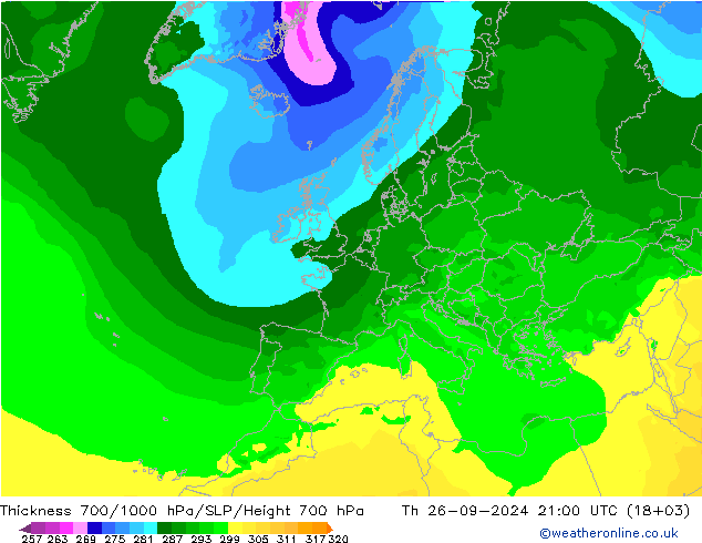 Thck 700-1000 hPa ARPEGE Čt 26.09.2024 21 UTC