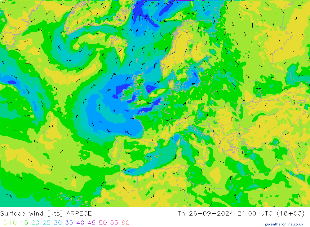 Surface wind ARPEGE Th 26.09.2024 21 UTC