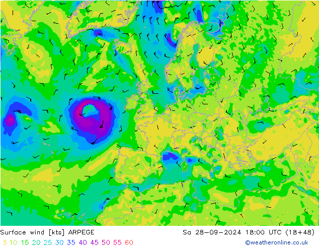 Vento 10 m ARPEGE Sáb 28.09.2024 18 UTC