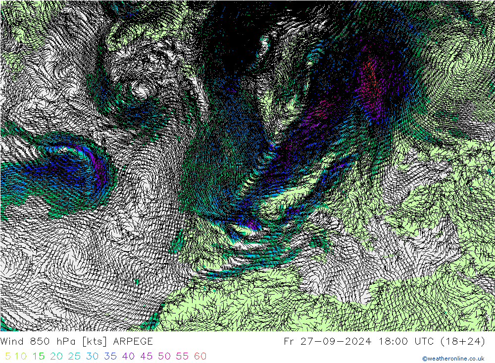 Vent 850 hPa ARPEGE ven 27.09.2024 18 UTC