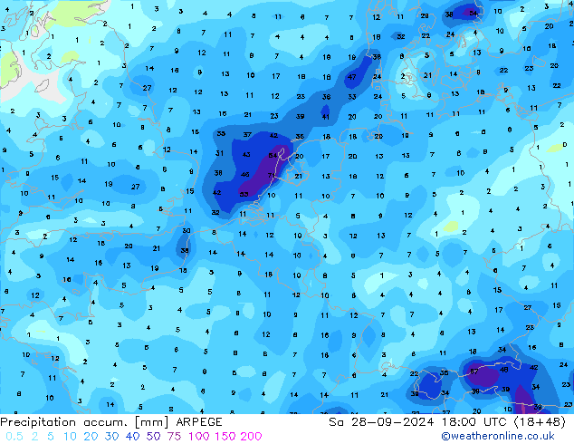 Precipitation accum. ARPEGE Sa 28.09.2024 18 UTC