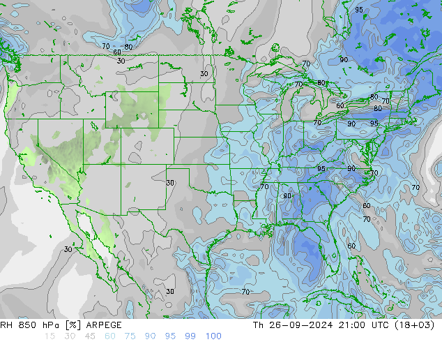 RH 850 hPa ARPEGE gio 26.09.2024 21 UTC