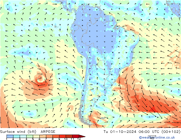 Surface wind (bft) ARPEGE Út 01.10.2024 06 UTC