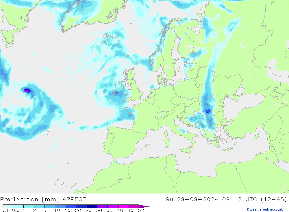 降水 ARPEGE 星期日 29.09.2024 12 UTC