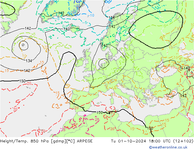 Height/Temp. 850 hPa ARPEGE 星期二 01.10.2024 18 UTC