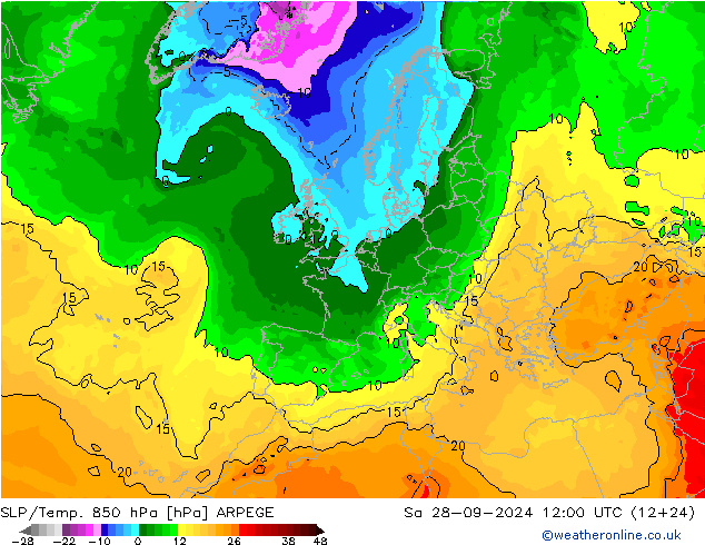 SLP/Temp. 850 hPa ARPEGE za 28.09.2024 12 UTC