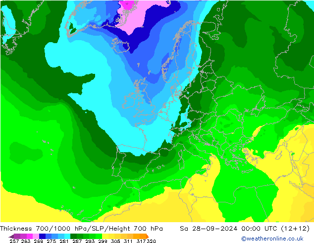 Thck 700-1000 hPa ARPEGE 星期六 28.09.2024 00 UTC