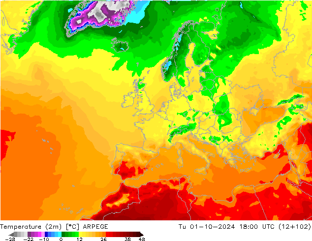 Temperatuurkaart (2m) ARPEGE di 01.10.2024 18 UTC