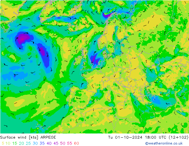 Wind 10 m ARPEGE di 01.10.2024 18 UTC