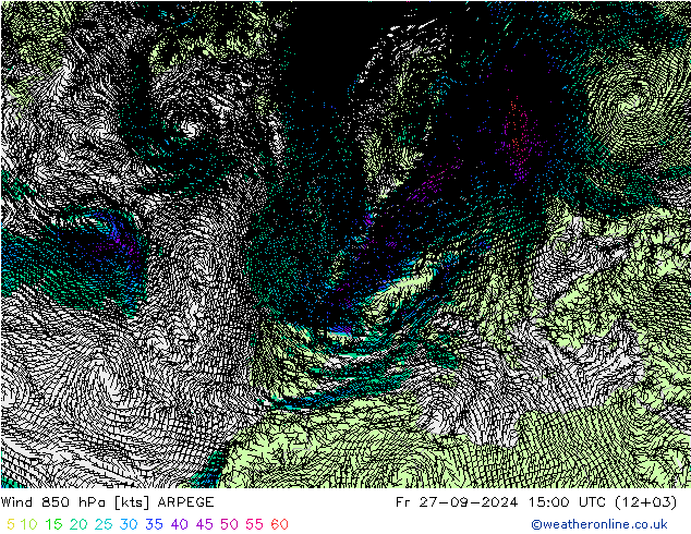 风 850 hPa ARPEGE 星期五 27.09.2024 15 UTC