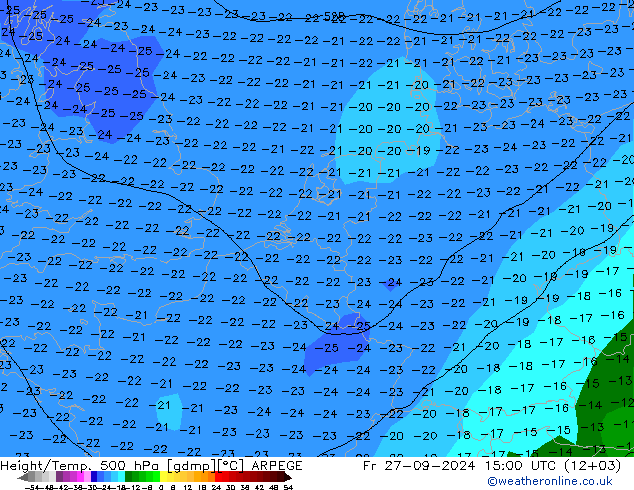 Hoogte/Temp. 500 hPa ARPEGE vr 27.09.2024 15 UTC