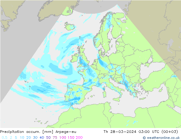 Precipitation accum. Arpege-eu czw. 28.03.2024 03 UTC