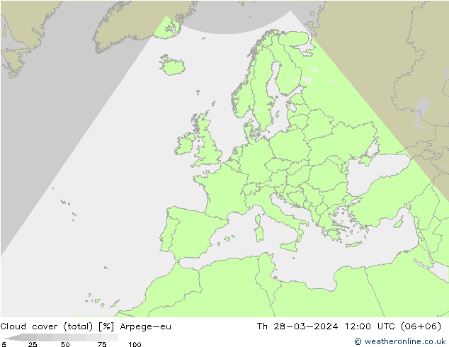 Cloud cover (total) Arpege-eu Th 28.03.2024 12 UTC