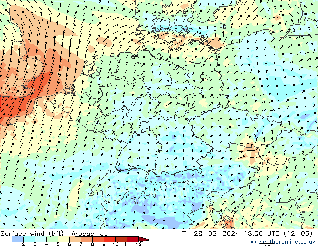 Wind 10 m (bft) Arpege-eu do 28.03.2024 18 UTC