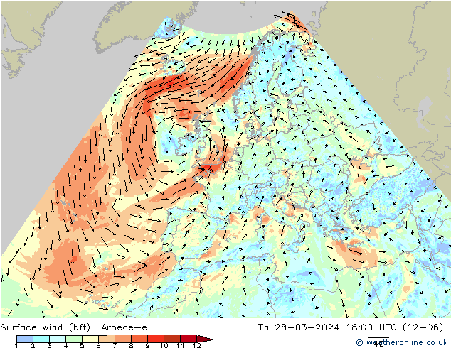 Surface wind (bft) Arpege-eu Th 28.03.2024 18 UTC
