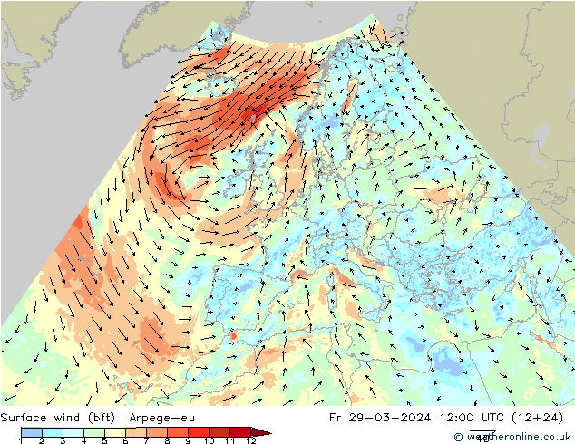Surface wind (bft) Arpege-eu Fr 29.03.2024 12 UTC