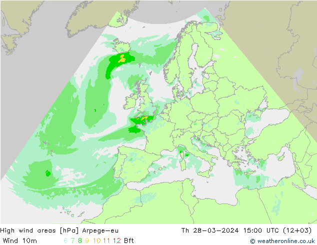 High wind areas Arpege-eu Th 28.03.2024 15 UTC