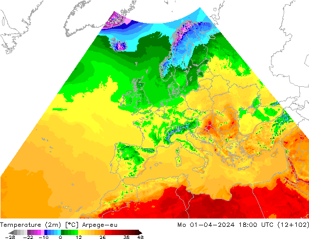 Temperatura (2m) Arpege-eu lun 01.04.2024 18 UTC