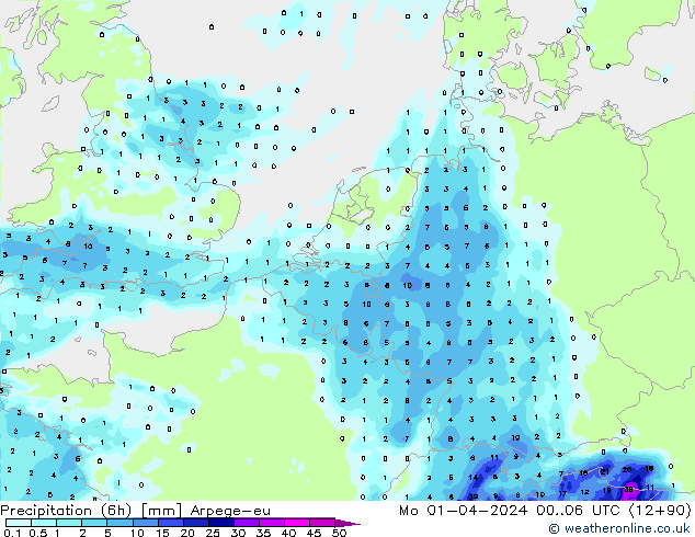 Precipitation (6h) Arpege-eu Mo 01.04.2024 06 UTC