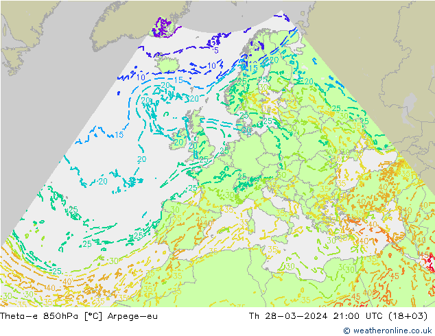 Theta-e 850hPa Arpege-eu Čt 28.03.2024 21 UTC