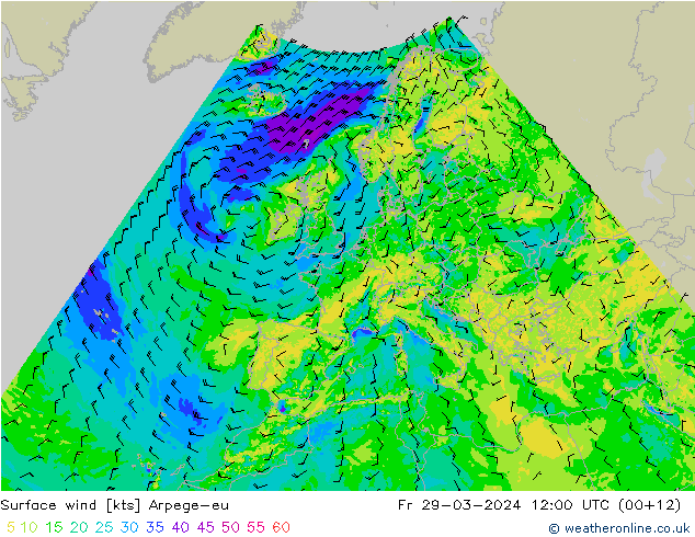 Surface wind Arpege-eu Fr 29.03.2024 12 UTC