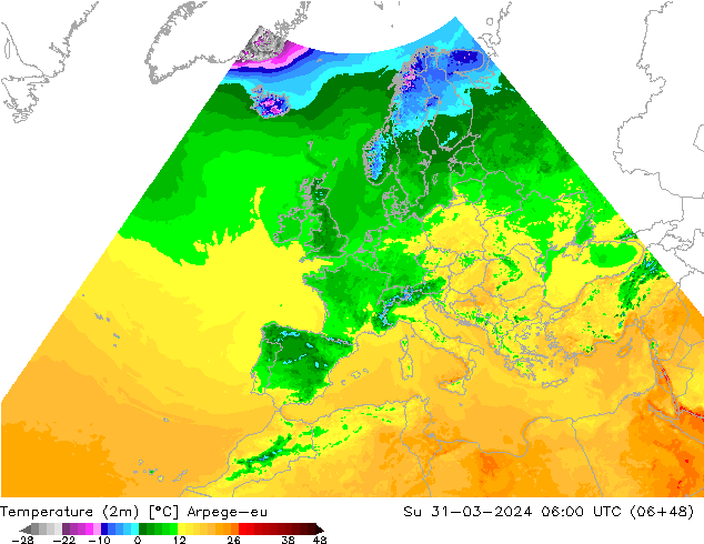 Temperatura (2m) Arpege-eu dom 31.03.2024 06 UTC
