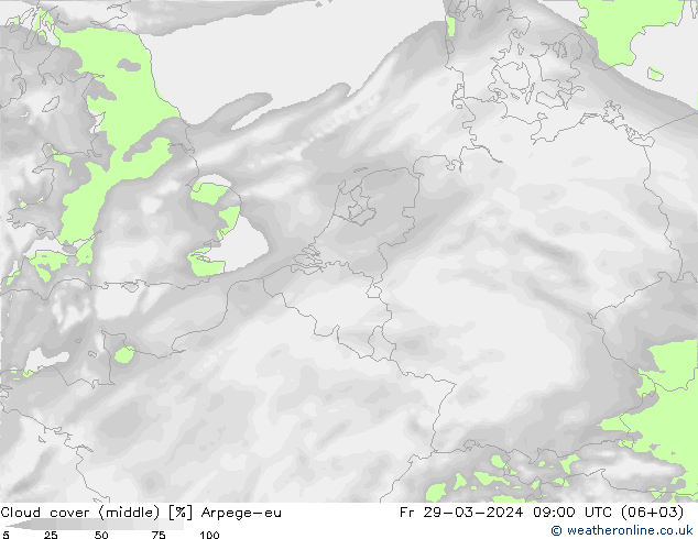 Cloud cover (middle) Arpege-eu Fr 29.03.2024 09 UTC