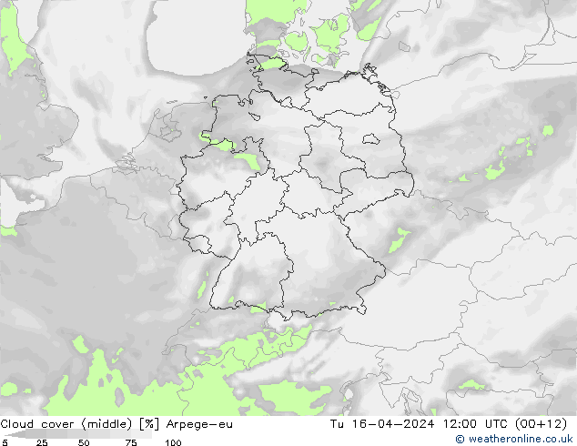 Cloud cover (middle) Arpege-eu Tu 16.04.2024 12 UTC