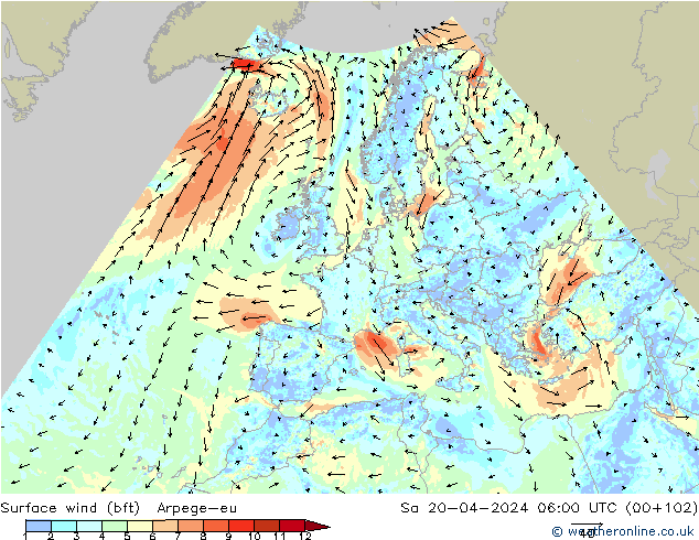 Surface wind (bft) Arpege-eu Sa 20.04.2024 06 UTC