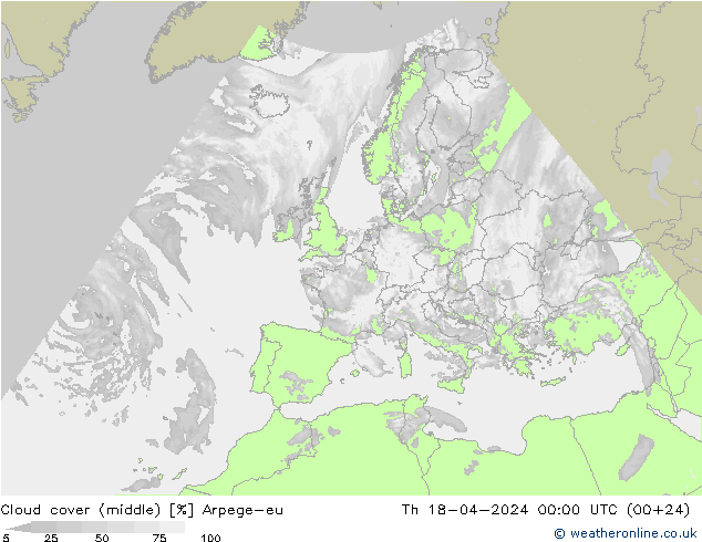 Cloud cover (middle) Arpege-eu Th 18.04.2024 00 UTC