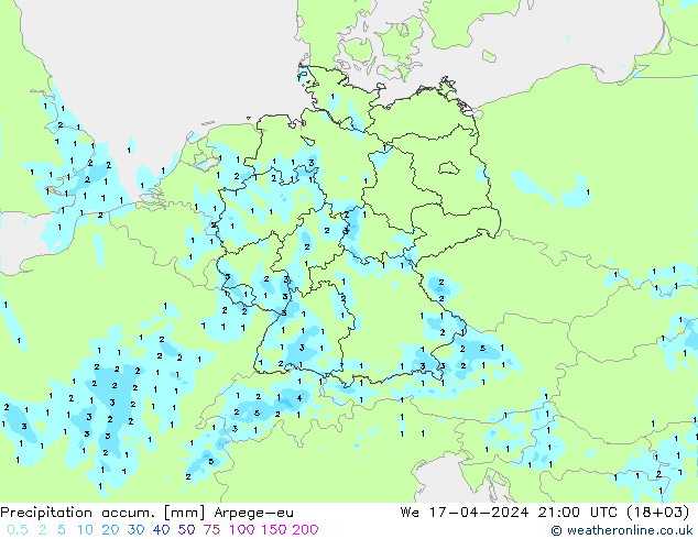 Precipitation accum. Arpege-eu mer 17.04.2024 21 UTC