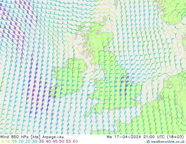 Wind 850 hPa Arpege-eu St 17.04.2024 21 UTC