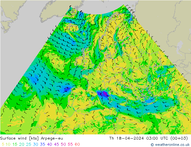 Surface wind Arpege-eu Čt 18.04.2024 03 UTC