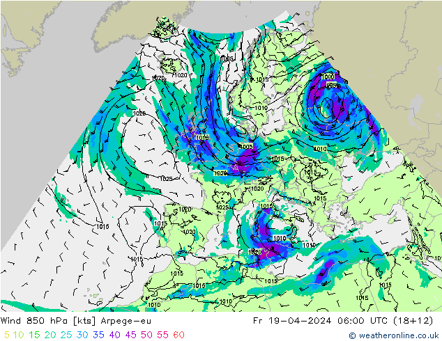 Wind 850 hPa Arpege-eu Fr 19.04.2024 06 UTC