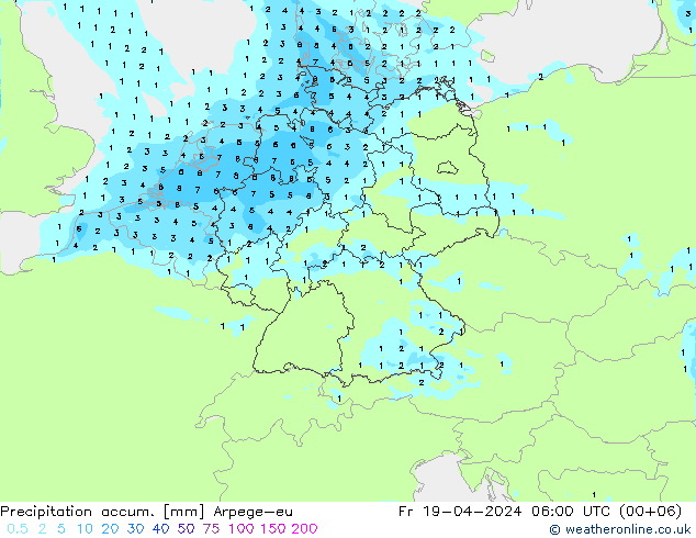Precipitation accum. Arpege-eu Fr 19.04.2024 06 UTC