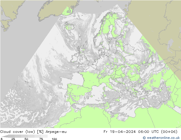 Cloud cover (low) Arpege-eu Fr 19.04.2024 06 UTC